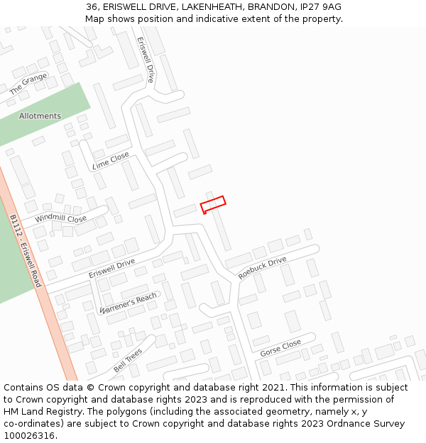 36, ERISWELL DRIVE, LAKENHEATH, BRANDON, IP27 9AG: Location map and indicative extent of plot