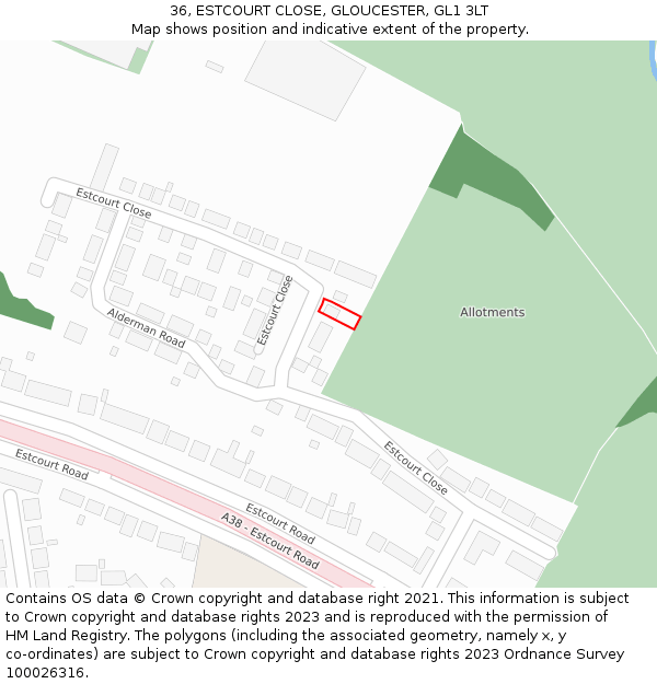 36, ESTCOURT CLOSE, GLOUCESTER, GL1 3LT: Location map and indicative extent of plot