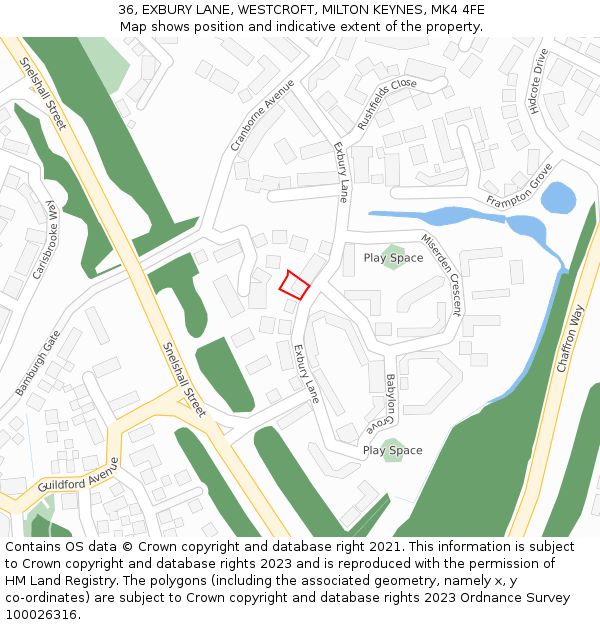 36, EXBURY LANE, WESTCROFT, MILTON KEYNES, MK4 4FE: Location map and indicative extent of plot