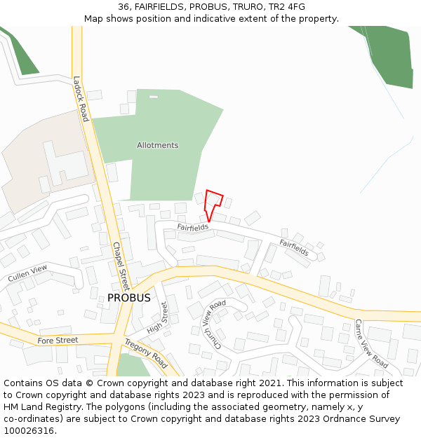 36, FAIRFIELDS, PROBUS, TRURO, TR2 4FG: Location map and indicative extent of plot