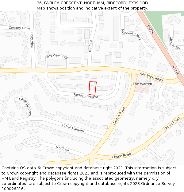 36, FAIRLEA CRESCENT, NORTHAM, BIDEFORD, EX39 1BD: Location map and indicative extent of plot