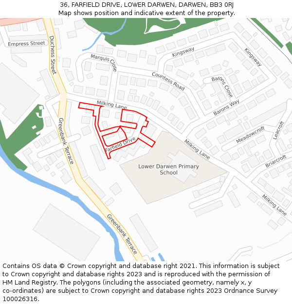 36, FARFIELD DRIVE, LOWER DARWEN, DARWEN, BB3 0RJ: Location map and indicative extent of plot