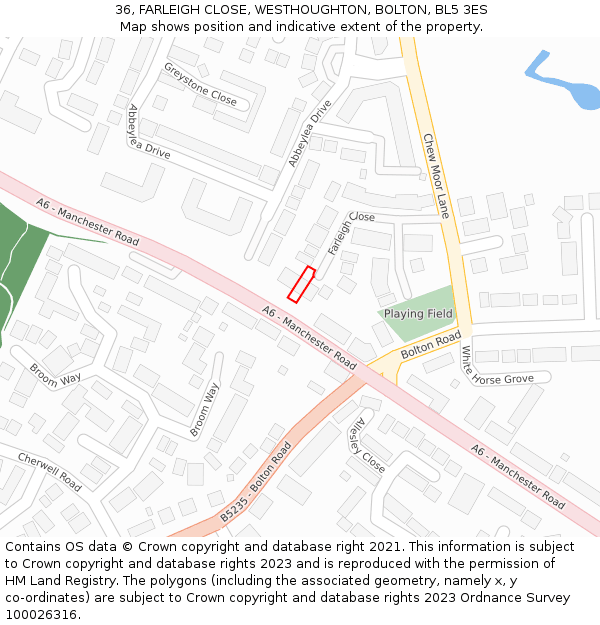 36, FARLEIGH CLOSE, WESTHOUGHTON, BOLTON, BL5 3ES: Location map and indicative extent of plot