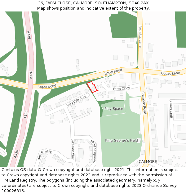 36, FARM CLOSE, CALMORE, SOUTHAMPTON, SO40 2AX: Location map and indicative extent of plot