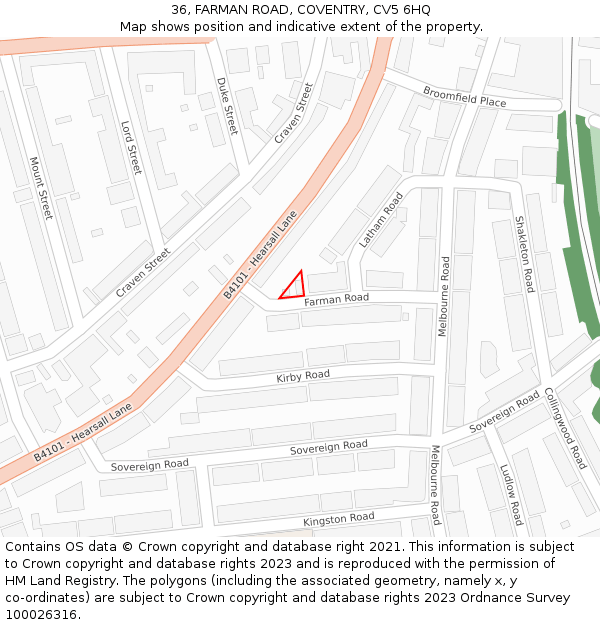 36, FARMAN ROAD, COVENTRY, CV5 6HQ: Location map and indicative extent of plot