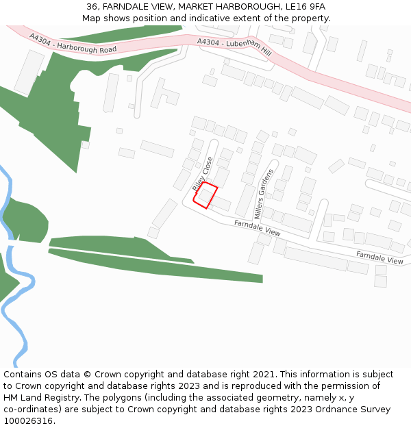 36, FARNDALE VIEW, MARKET HARBOROUGH, LE16 9FA: Location map and indicative extent of plot