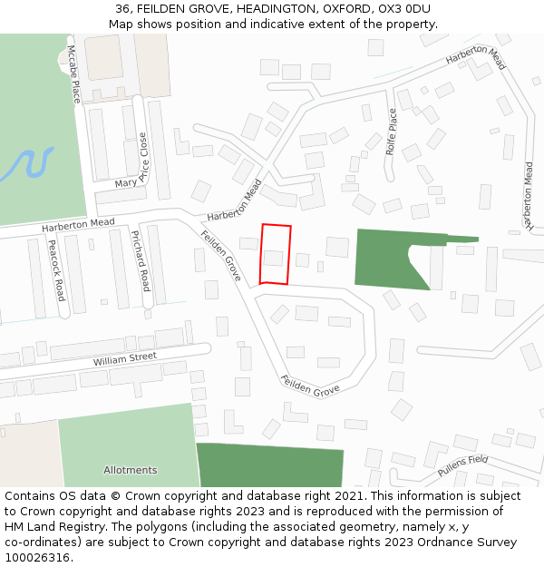 36, FEILDEN GROVE, HEADINGTON, OXFORD, OX3 0DU: Location map and indicative extent of plot