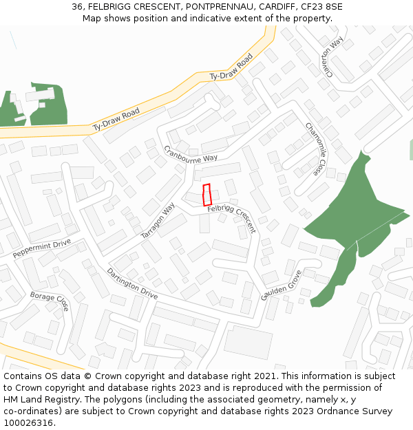 36, FELBRIGG CRESCENT, PONTPRENNAU, CARDIFF, CF23 8SE: Location map and indicative extent of plot