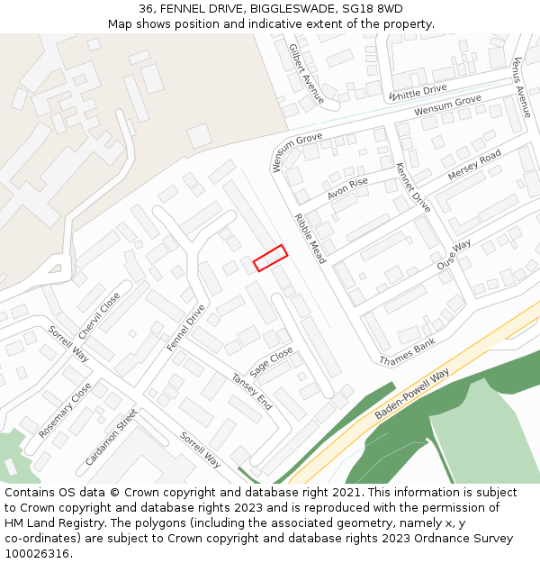 36, FENNEL DRIVE, BIGGLESWADE, SG18 8WD: Location map and indicative extent of plot
