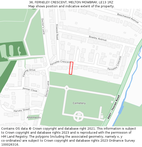 36, FERNELEY CRESCENT, MELTON MOWBRAY, LE13 1RZ: Location map and indicative extent of plot