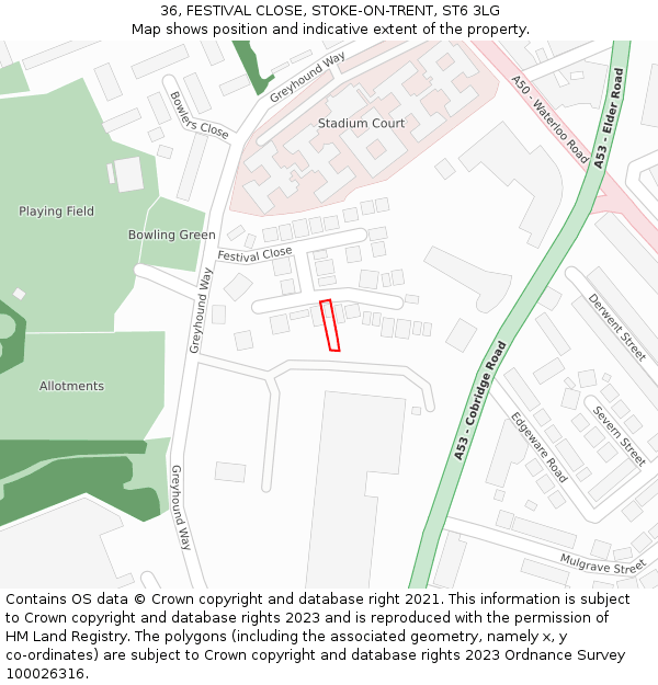 36, FESTIVAL CLOSE, STOKE-ON-TRENT, ST6 3LG: Location map and indicative extent of plot