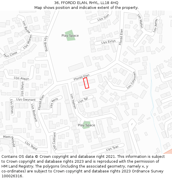36, FFORDD ELAN, RHYL, LL18 4HQ: Location map and indicative extent of plot