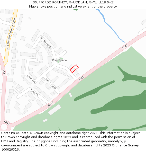 36, FFORDD PORTHDY, RHUDDLAN, RHYL, LL18 6HZ: Location map and indicative extent of plot