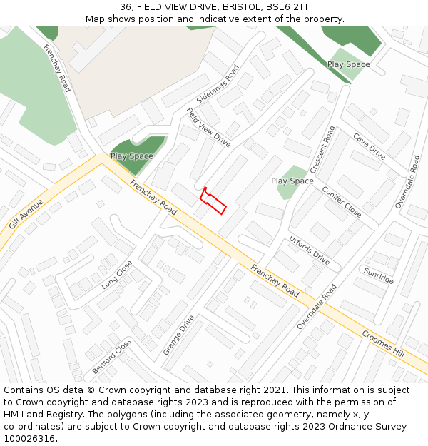 36, FIELD VIEW DRIVE, BRISTOL, BS16 2TT: Location map and indicative extent of plot