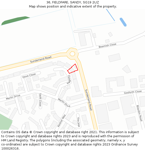 36, FIELDFARE, SANDY, SG19 2UZ: Location map and indicative extent of plot