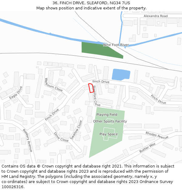 36, FINCH DRIVE, SLEAFORD, NG34 7US: Location map and indicative extent of plot