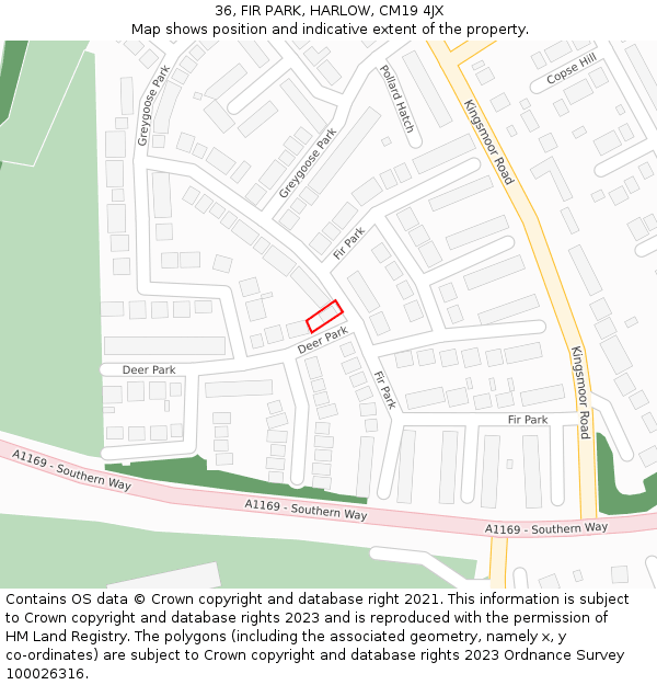 36, FIR PARK, HARLOW, CM19 4JX: Location map and indicative extent of plot