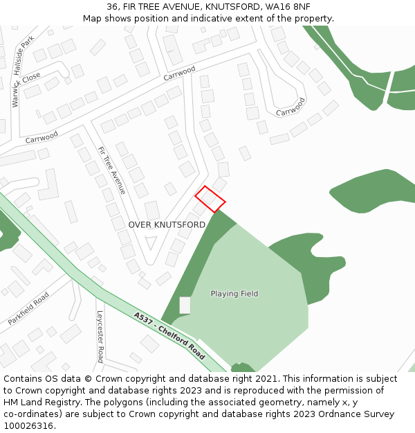 36, FIR TREE AVENUE, KNUTSFORD, WA16 8NF: Location map and indicative extent of plot