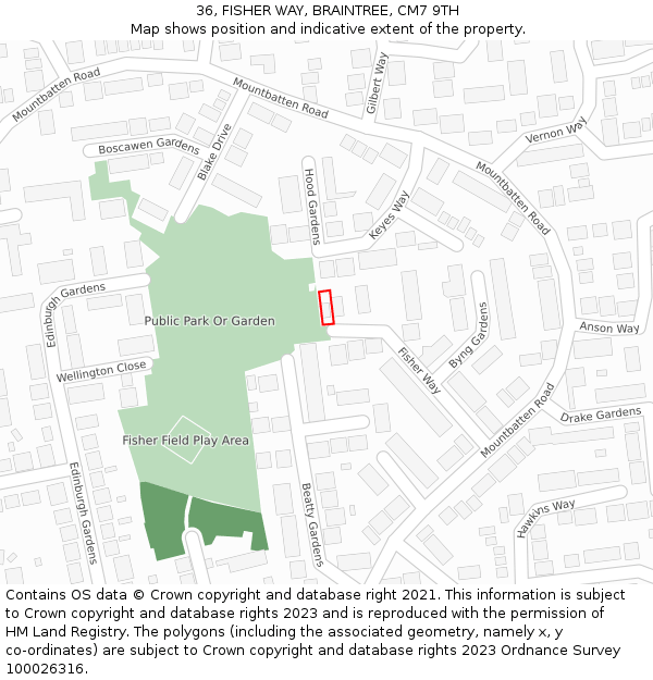 36, FISHER WAY, BRAINTREE, CM7 9TH: Location map and indicative extent of plot