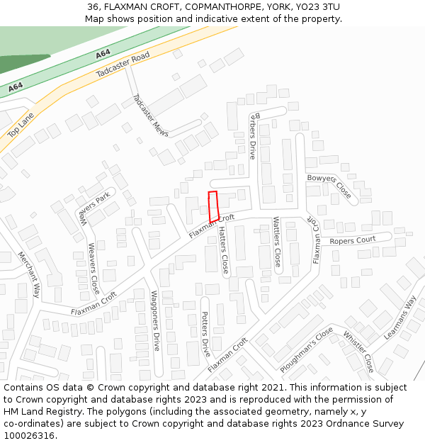 36, FLAXMAN CROFT, COPMANTHORPE, YORK, YO23 3TU: Location map and indicative extent of plot