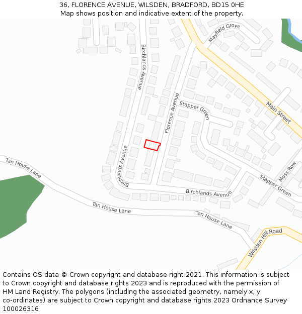 36, FLORENCE AVENUE, WILSDEN, BRADFORD, BD15 0HE: Location map and indicative extent of plot