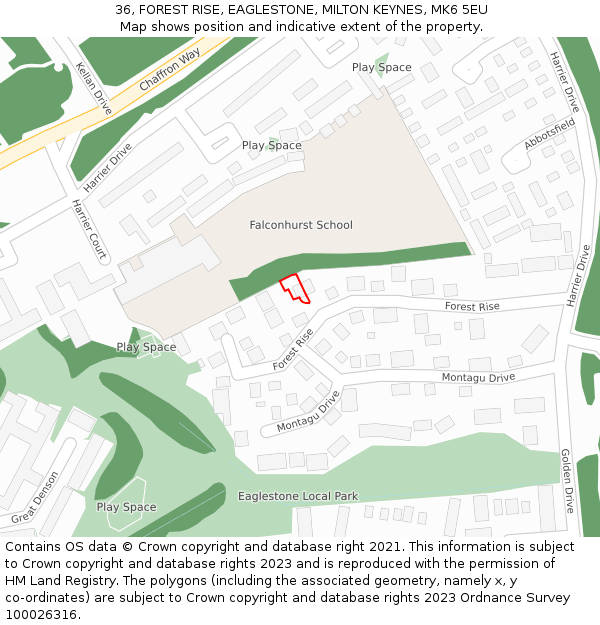 36, FOREST RISE, EAGLESTONE, MILTON KEYNES, MK6 5EU: Location map and indicative extent of plot