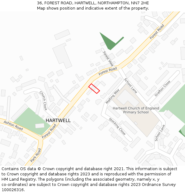 36, FOREST ROAD, HARTWELL, NORTHAMPTON, NN7 2HE: Location map and indicative extent of plot