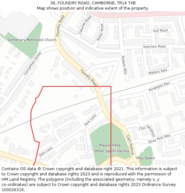 36, FOUNDRY ROAD, CAMBORNE, TR14 7XB: Location map and indicative extent of plot