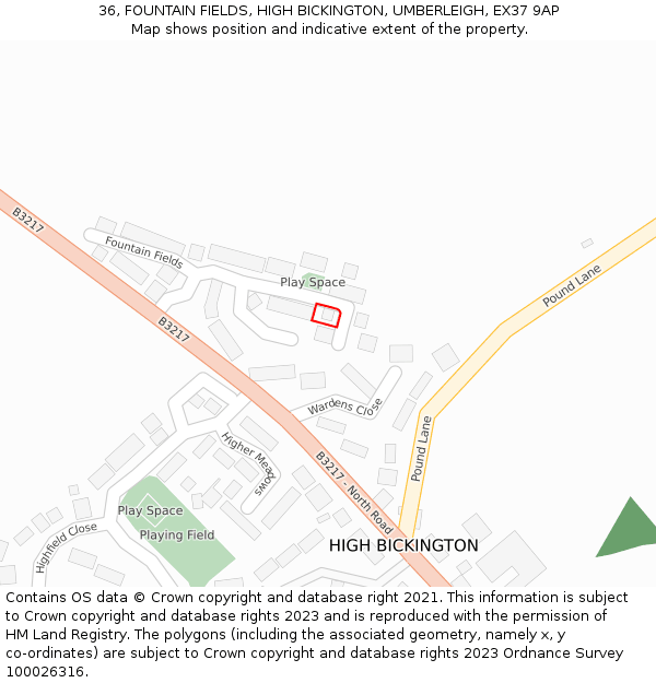 36, FOUNTAIN FIELDS, HIGH BICKINGTON, UMBERLEIGH, EX37 9AP: Location map and indicative extent of plot