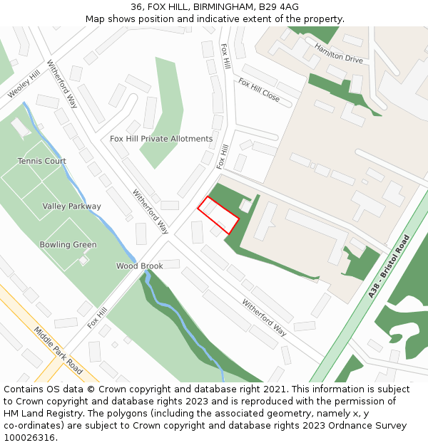 36, FOX HILL, BIRMINGHAM, B29 4AG: Location map and indicative extent of plot