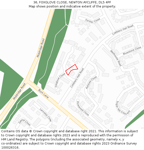 36, FOXGLOVE CLOSE, NEWTON AYCLIFFE, DL5 4PF: Location map and indicative extent of plot