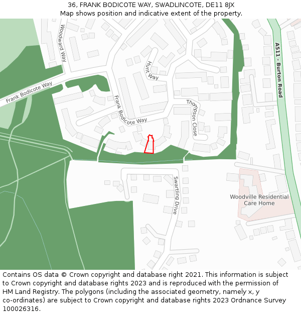 36, FRANK BODICOTE WAY, SWADLINCOTE, DE11 8JX: Location map and indicative extent of plot