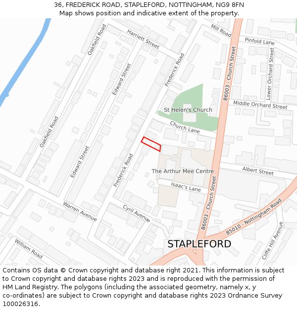 36, FREDERICK ROAD, STAPLEFORD, NOTTINGHAM, NG9 8FN: Location map and indicative extent of plot