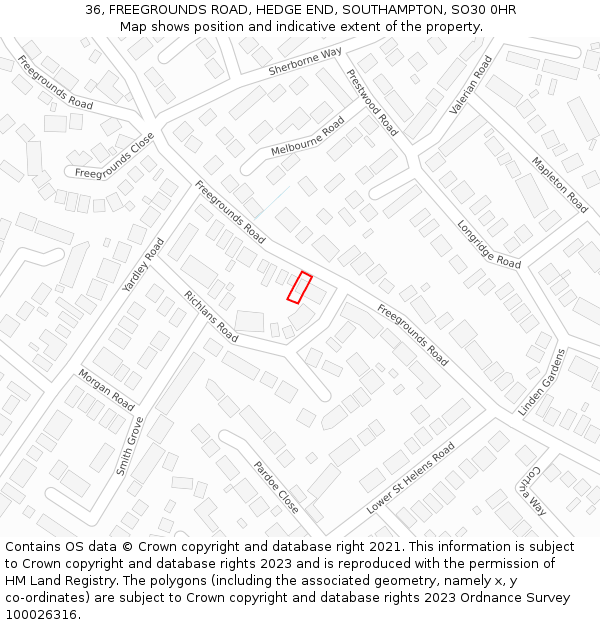 36, FREEGROUNDS ROAD, HEDGE END, SOUTHAMPTON, SO30 0HR: Location map and indicative extent of plot