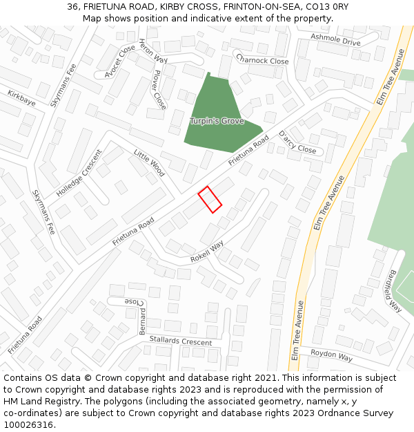 36, FRIETUNA ROAD, KIRBY CROSS, FRINTON-ON-SEA, CO13 0RY: Location map and indicative extent of plot