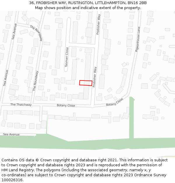 36, FROBISHER WAY, RUSTINGTON, LITTLEHAMPTON, BN16 2BB: Location map and indicative extent of plot