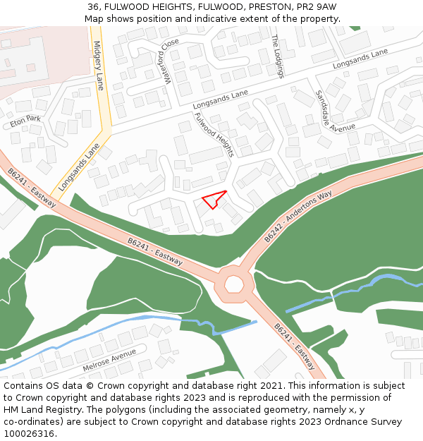 36, FULWOOD HEIGHTS, FULWOOD, PRESTON, PR2 9AW: Location map and indicative extent of plot