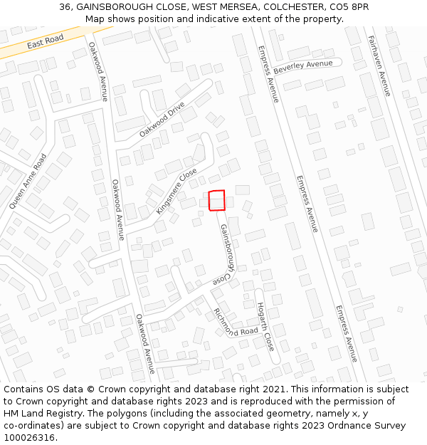 36, GAINSBOROUGH CLOSE, WEST MERSEA, COLCHESTER, CO5 8PR: Location map and indicative extent of plot