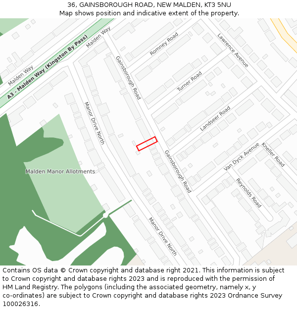 36, GAINSBOROUGH ROAD, NEW MALDEN, KT3 5NU: Location map and indicative extent of plot