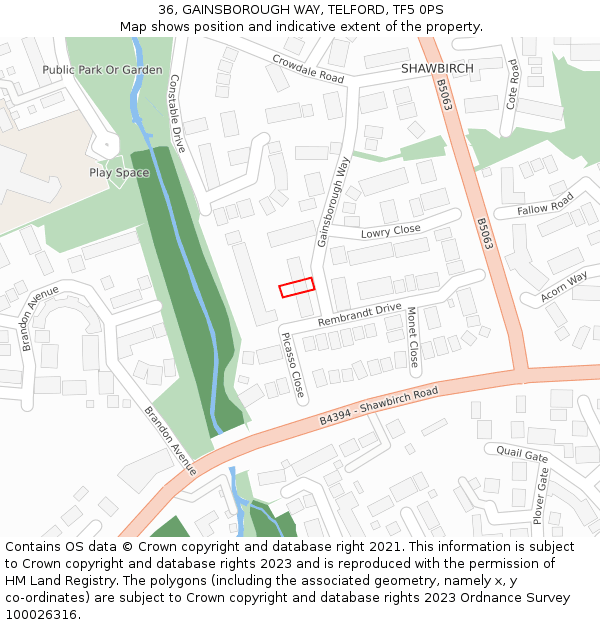 36, GAINSBOROUGH WAY, TELFORD, TF5 0PS: Location map and indicative extent of plot