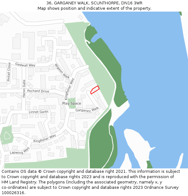 36, GARGANEY WALK, SCUNTHORPE, DN16 3WR: Location map and indicative extent of plot