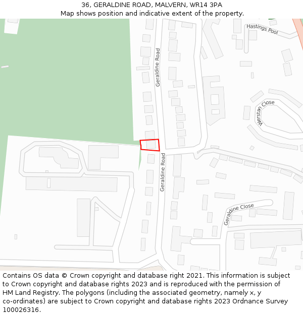 36, GERALDINE ROAD, MALVERN, WR14 3PA: Location map and indicative extent of plot