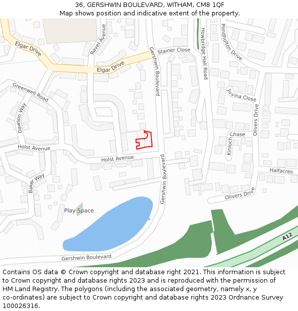 36, GERSHWIN BOULEVARD, WITHAM, CM8 1QF: Location map and indicative extent of plot