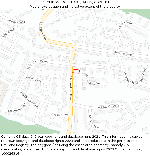 36, GIBBONSDOWN RISE, BARRY, CF63 1DT: Location map and indicative extent of plot