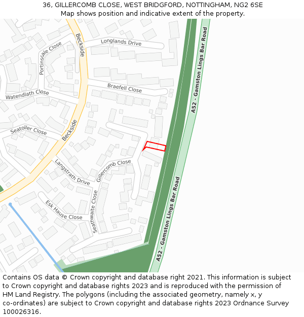 36, GILLERCOMB CLOSE, WEST BRIDGFORD, NOTTINGHAM, NG2 6SE: Location map and indicative extent of plot