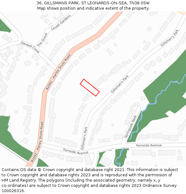 36, GILLSMANS PARK, ST LEONARDS-ON-SEA, TN38 0SW: Location map and indicative extent of plot