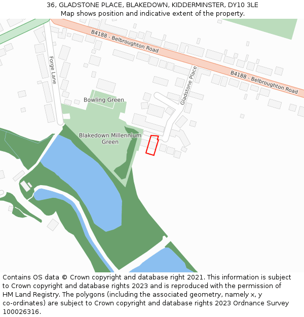 36, GLADSTONE PLACE, BLAKEDOWN, KIDDERMINSTER, DY10 3LE: Location map and indicative extent of plot