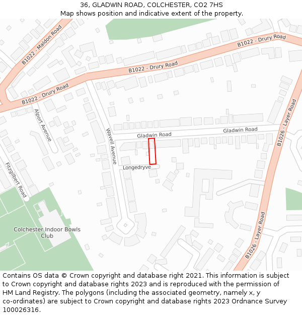 36, GLADWIN ROAD, COLCHESTER, CO2 7HS: Location map and indicative extent of plot