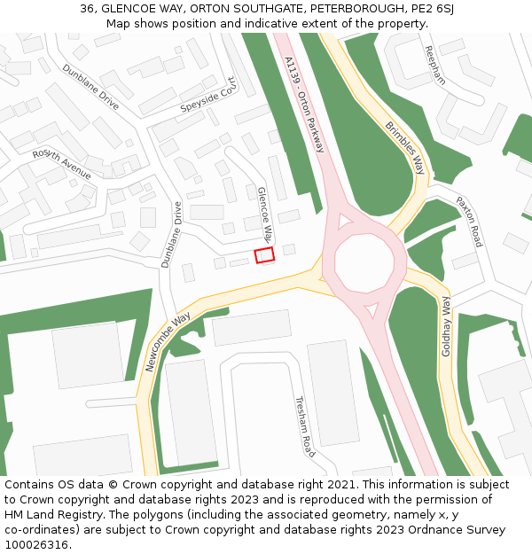 36, GLENCOE WAY, ORTON SOUTHGATE, PETERBOROUGH, PE2 6SJ: Location map and indicative extent of plot