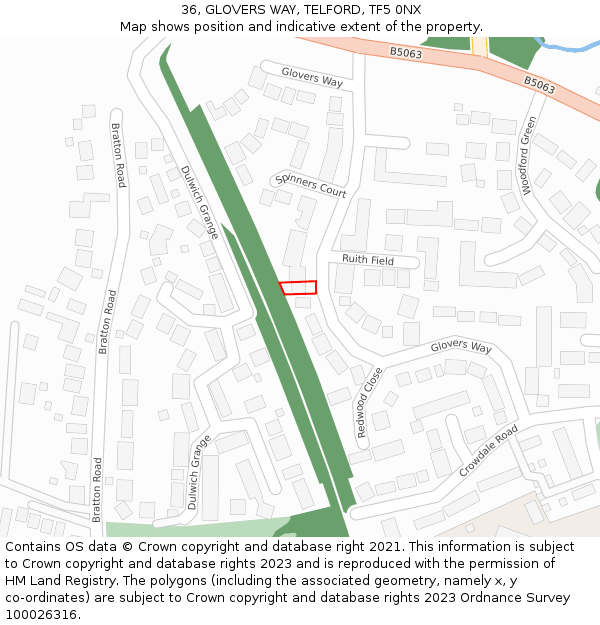 36, GLOVERS WAY, TELFORD, TF5 0NX: Location map and indicative extent of plot